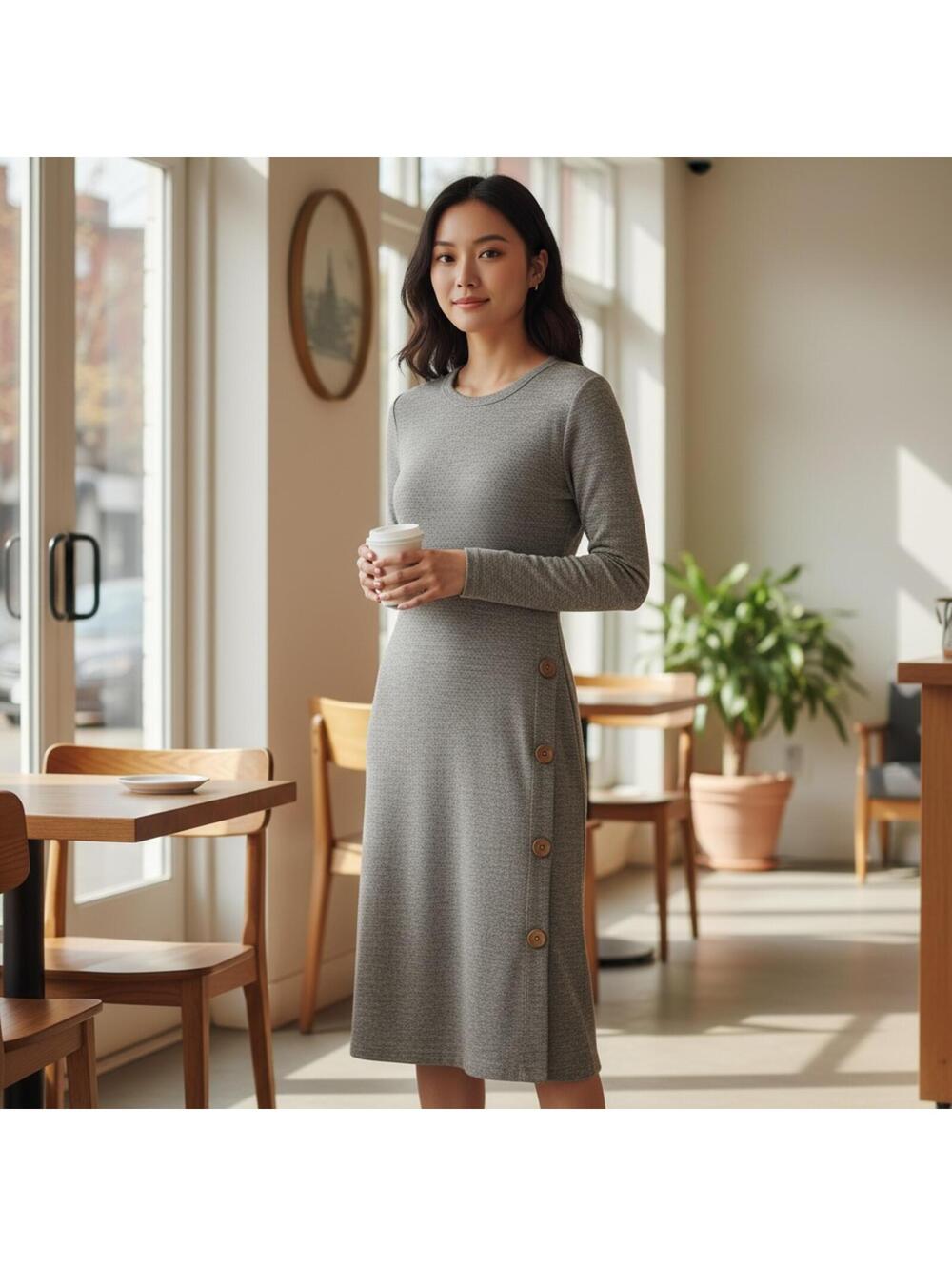 Soft Knit Heather Brown Long Sleeve Dress Side Button Detail Cozy Small EUC